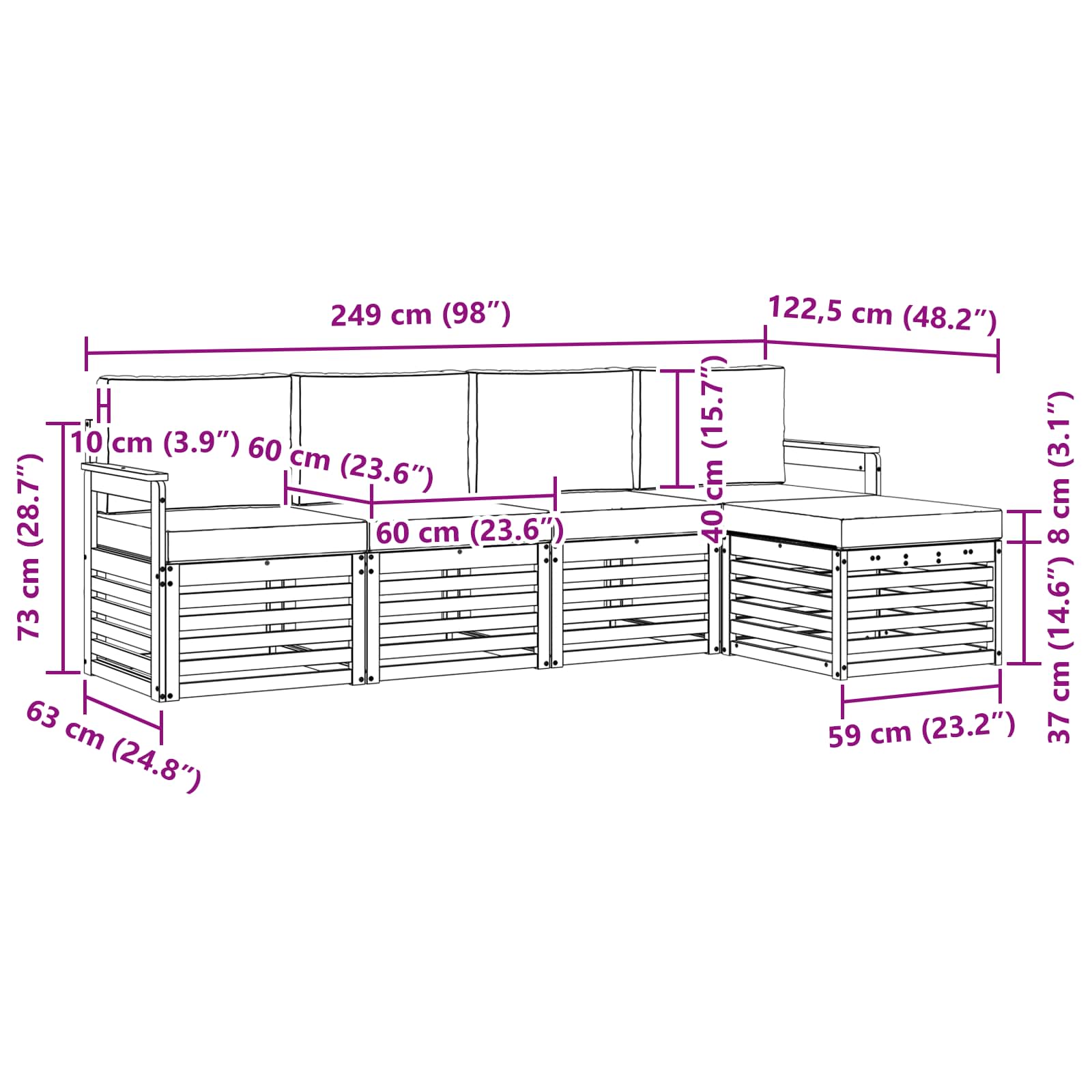 Buiten bankenset 5 pcs Wit en Lichtgrijs 249 x 122,5 x 73 cm – afbeelding 6