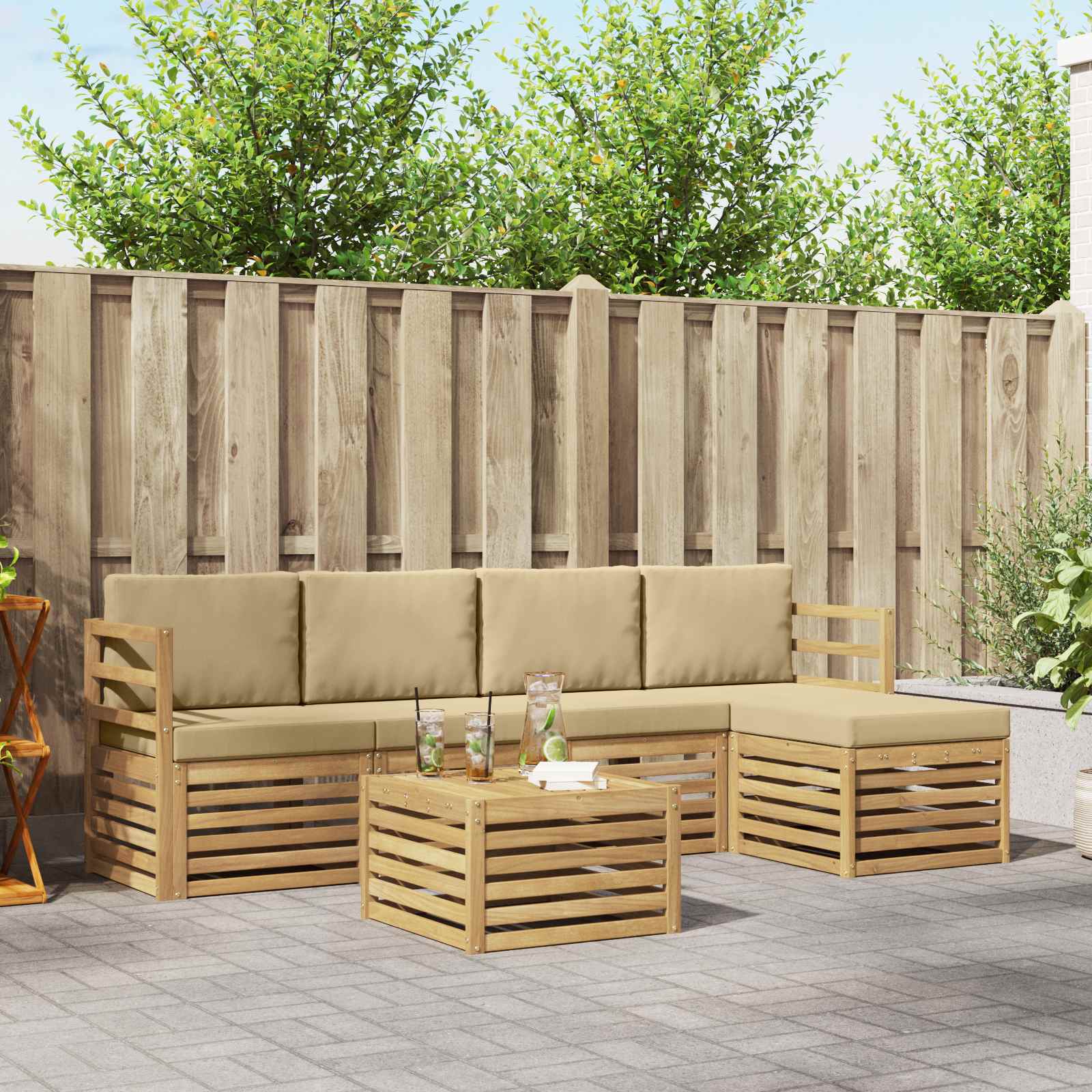 Buiten bankenset met kussen 6 pcs Wit en Beige Polyester – afbeelding 1
