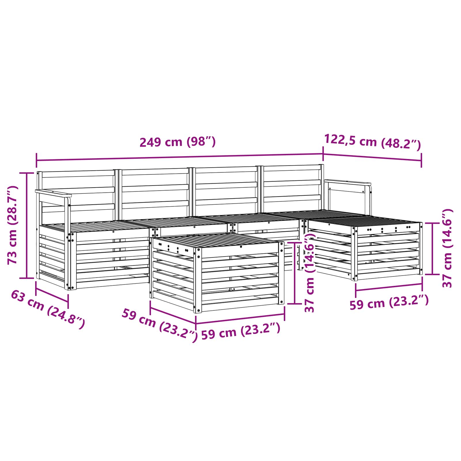 Buiten bankenset 6 pcs Wit 59 x 59 x 37 cm Massief Acaciahout – afbeelding 8