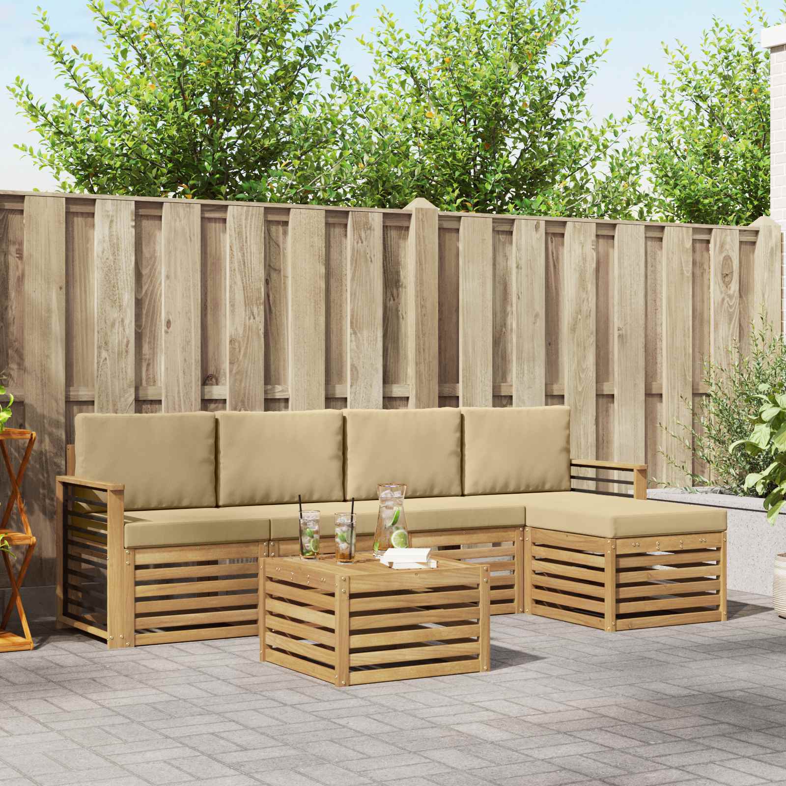Buiten bankenset met kussen 6 pcs Wit en Beige Polyester