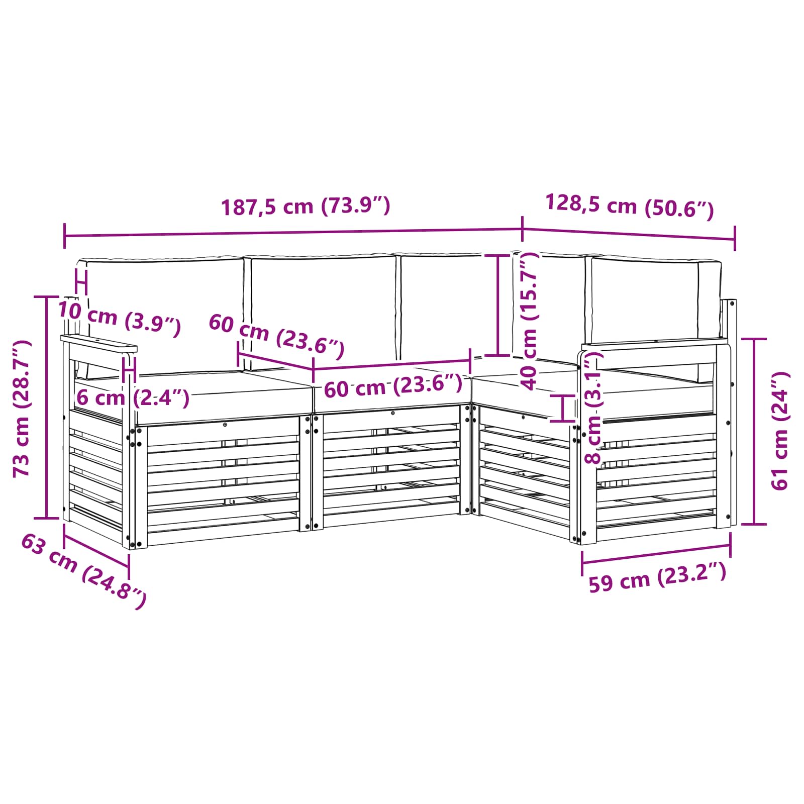Buiten bankenset 4 pcs Wit en Lichtgrijs 187,5 x 128,5 x 73 cm – afbeelding 7