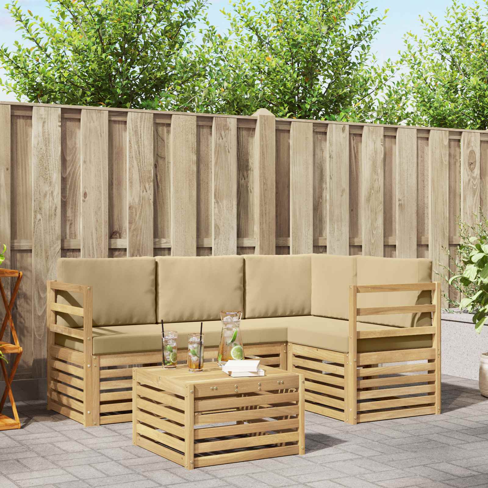 Buiten bankenset 5 pcs Wit en Beige 59 x 59 x 37 cm Polyester – afbeelding 1