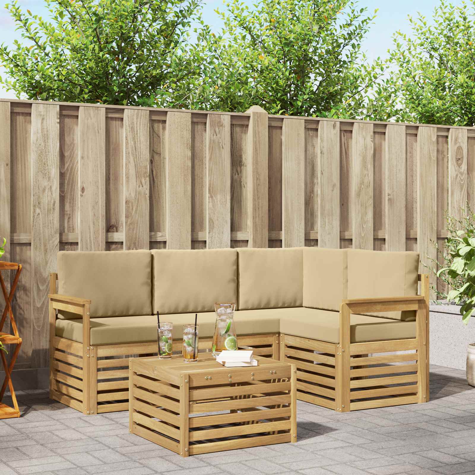 Buiten bankenset 5 pcs Wit en Beige 59 x 59 x 37 cm Polyester – afbeelding 1