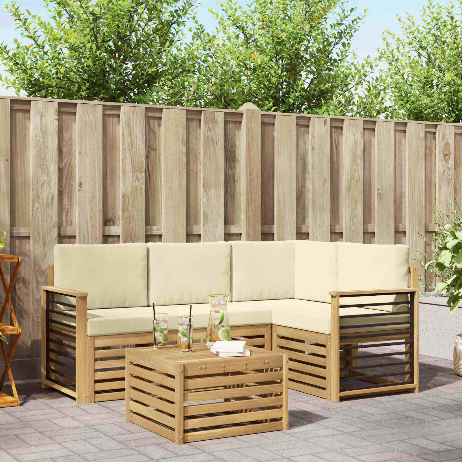 Buiten bankenset met kussen 5 pcs Wit en crèmekleurig Polyester – afbeelding 1