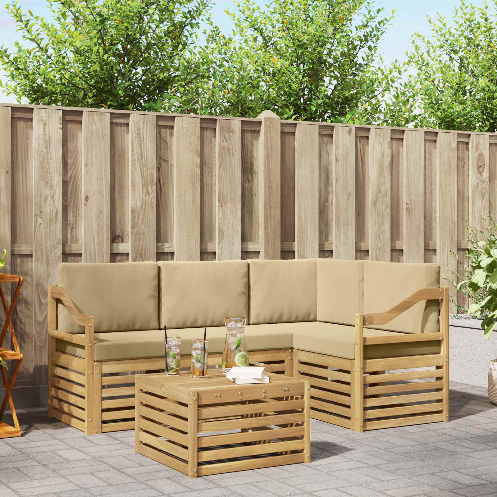 Buiten bankenset 5 pcs Wit en Beige 59 x 59 x 37 cm Polyester – afbeelding 1