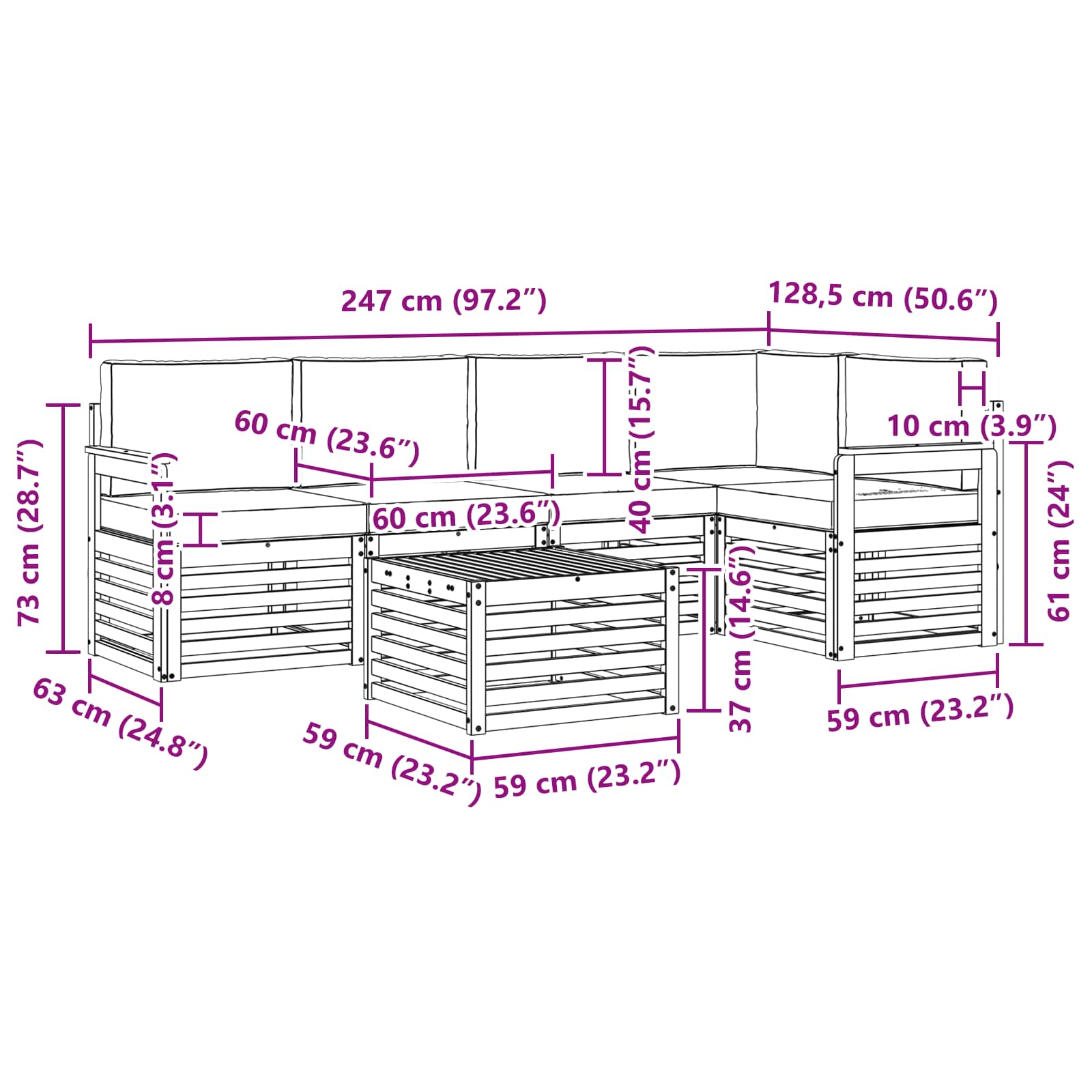 Buiten bankenset 6 pcs Wit en Beige 59 x 59 x 37 cm Polyester – afbeelding 8