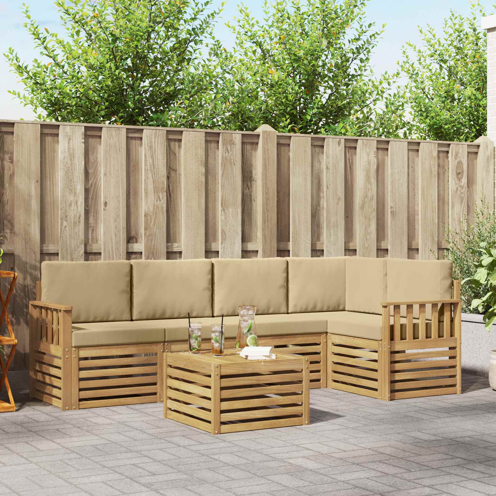 Buiten bankenset 6 pcs Wit en Beige 59 x 59 x 37 cm Polyester – afbeelding 1