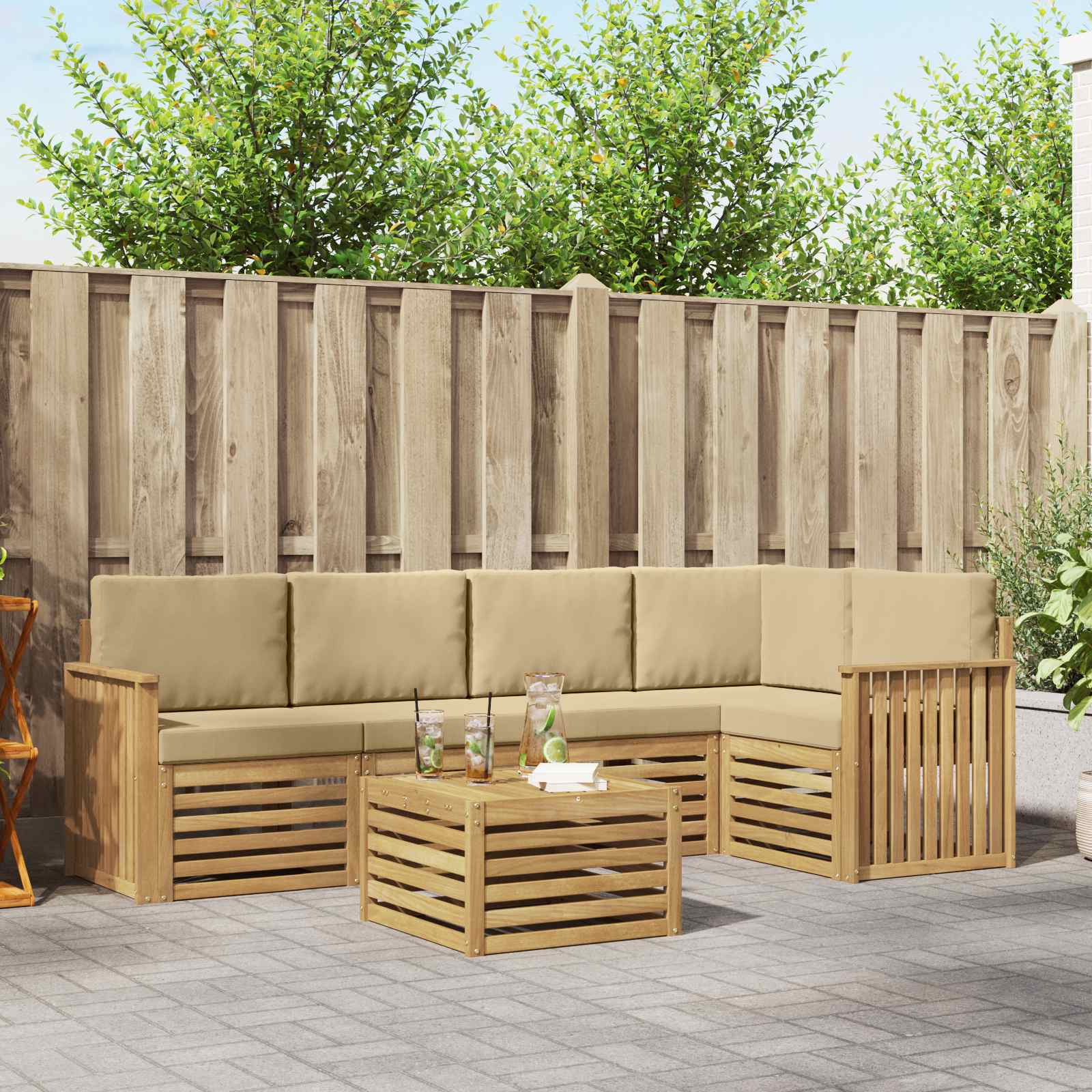 Buiten bankenset 6 pcs Wit en Beige 59 x 59 x 37 cm Polyester – afbeelding 1