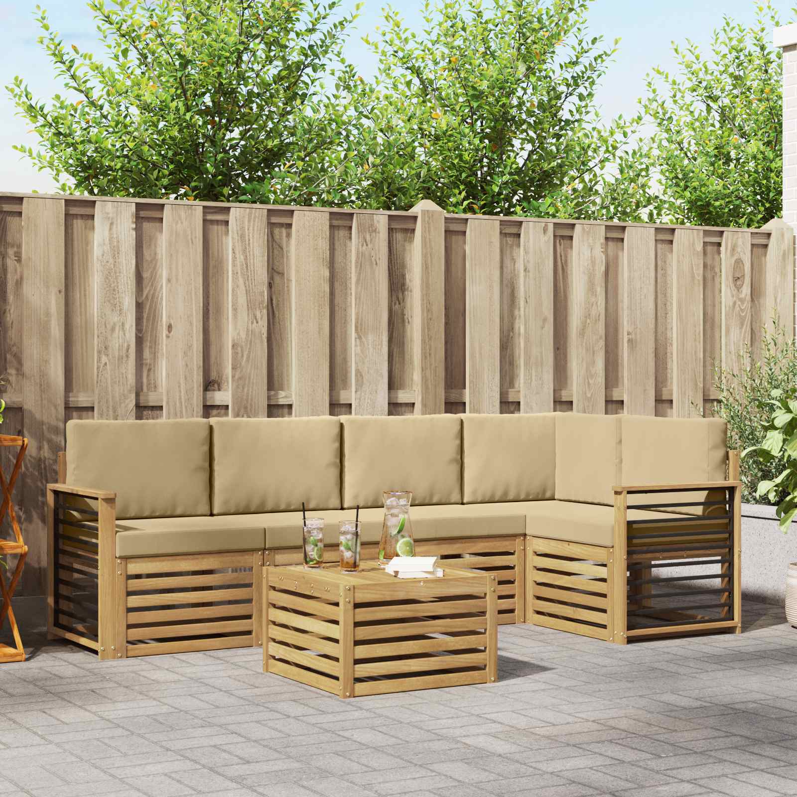 Buiten bankenset 6 pcs Wit en Beige 59 x 59 x 37 cm Polyester – afbeelding 1