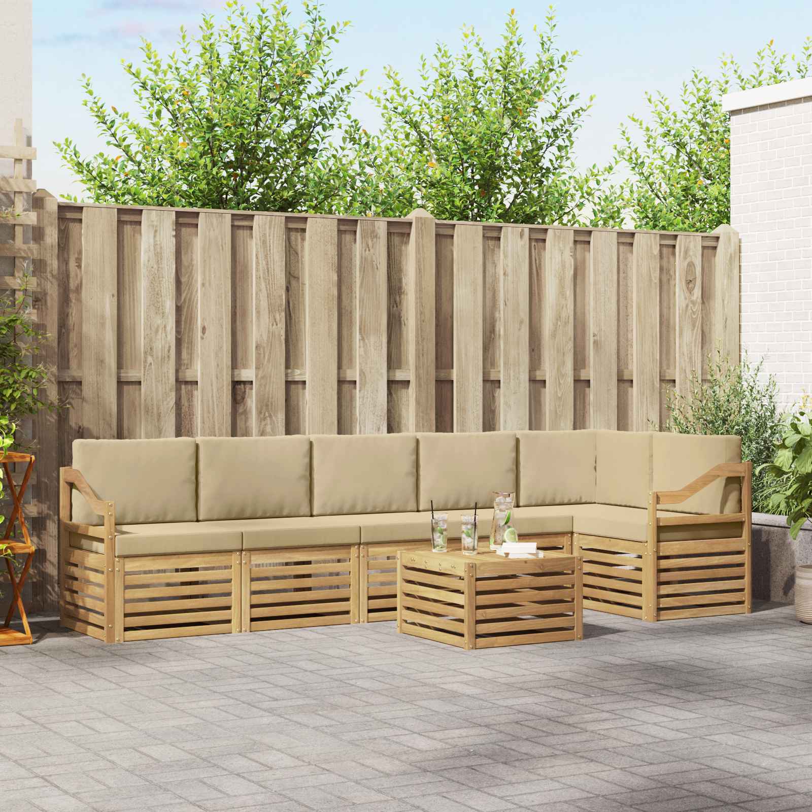 Buiten bankenset 7 pcs Wit en Beige 59 x 59 x 37 cm Polyester