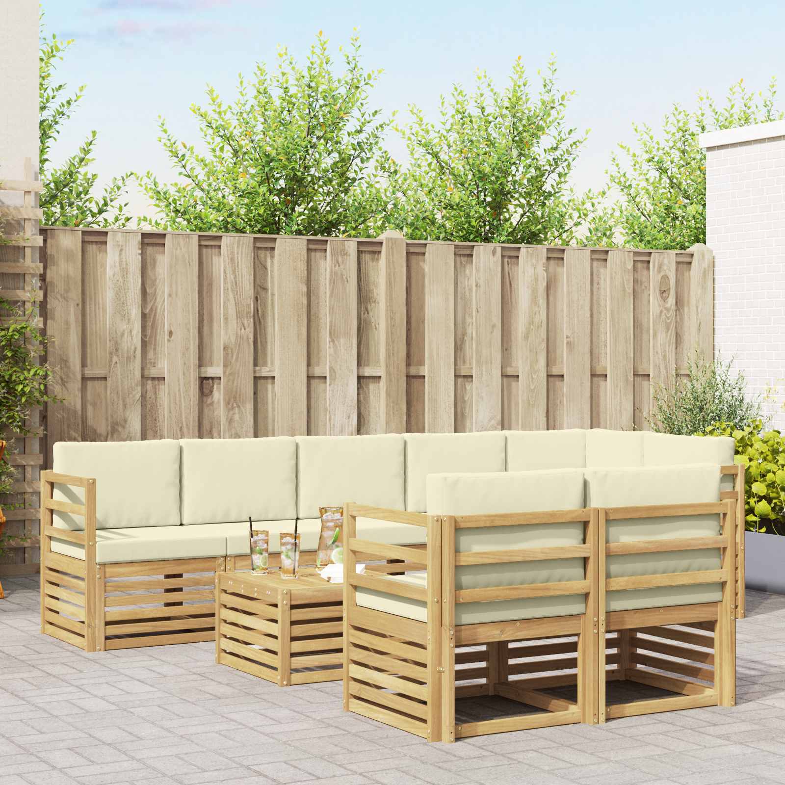 Sofa-Sets 9 pcs Wit en crèmekleurig Massief Acaciahout – afbeelding 1