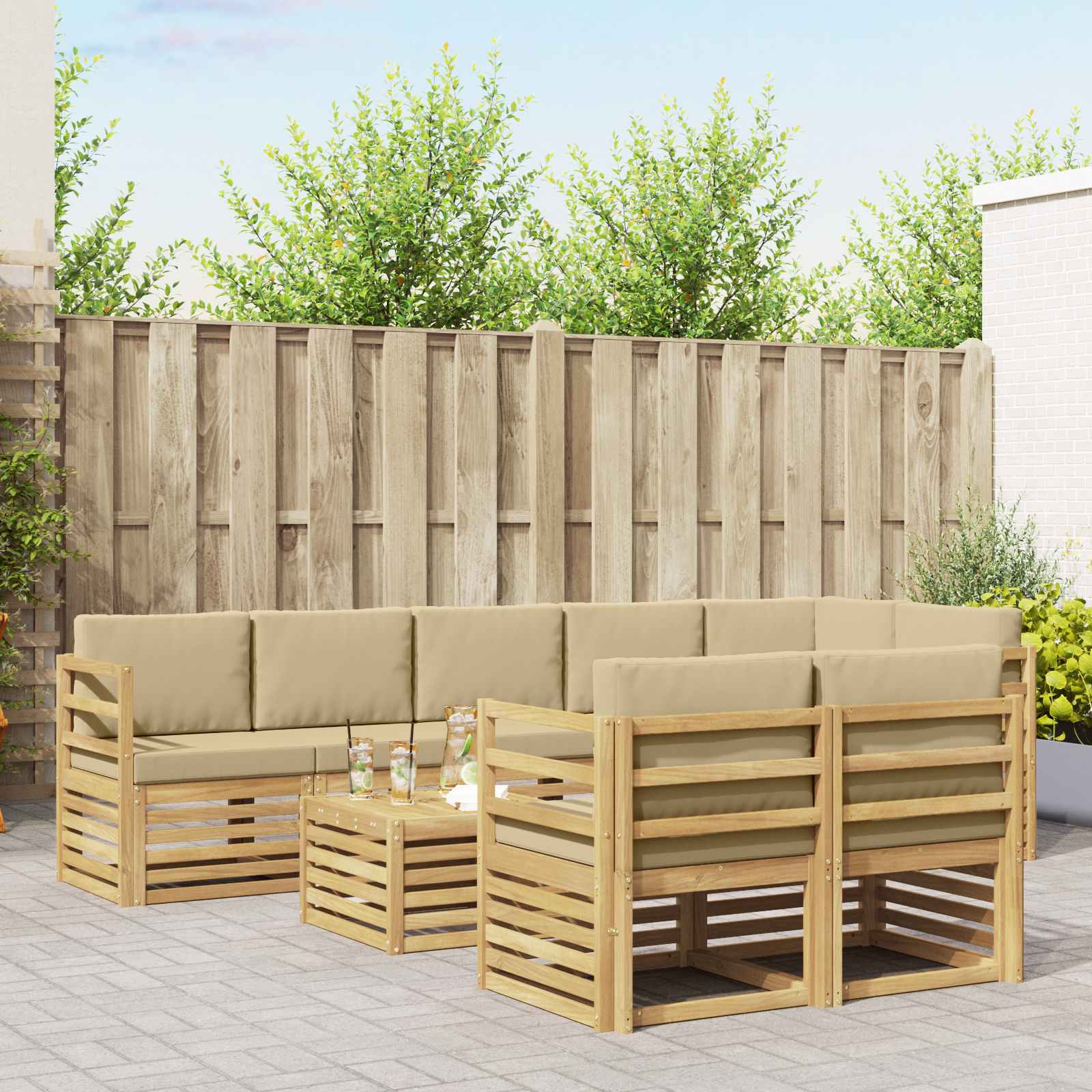 Buiten bankenset 9 pcs Wit en Beige 59 x 59 x 37 cm Polyester