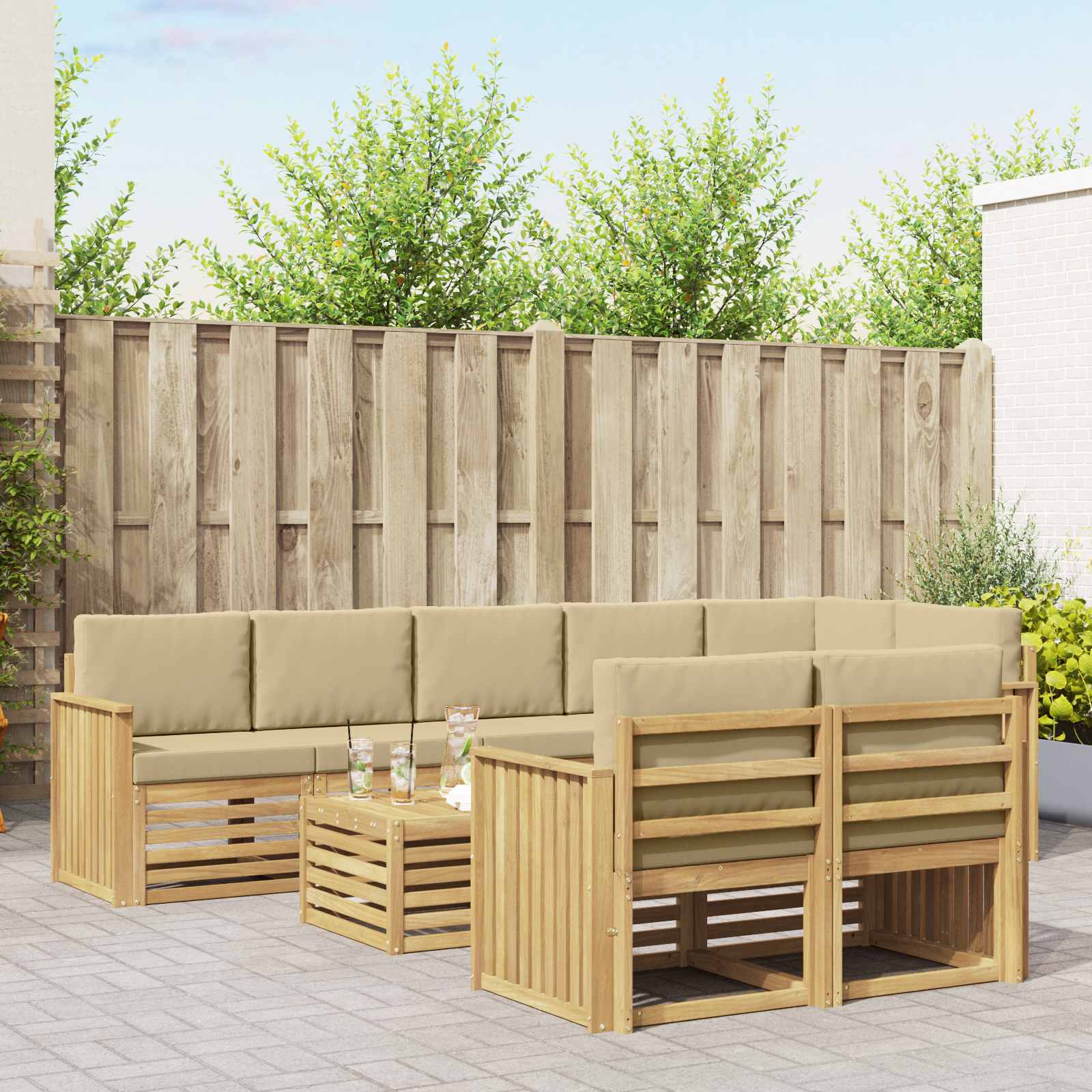 Buiten bankenset 9 pcs Wit en Beige 59 x 59 x 37 cm Polyester