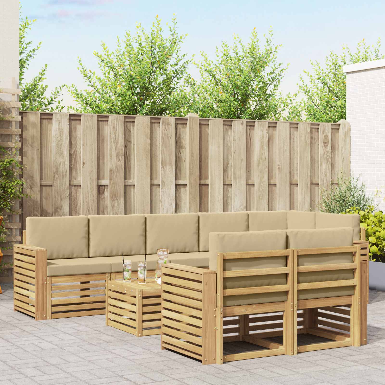 Buiten bankenset 9 pcs Wit en Beige 59 x 59 x 37 cm Polyester – afbeelding 1