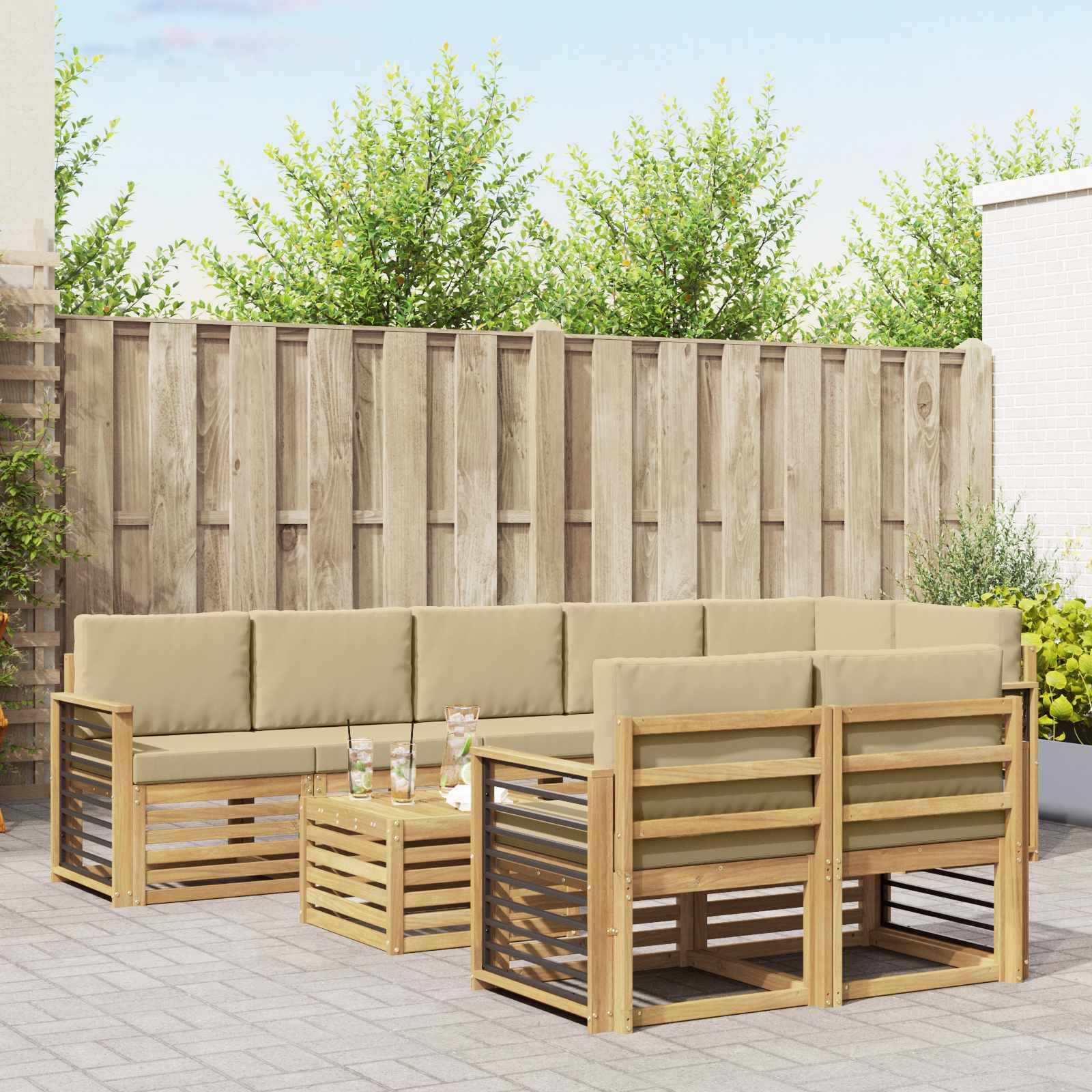 Buiten bankenset 9 pcs Wit en Beige 59 x 59 x 37 cm Polyester – afbeelding 1