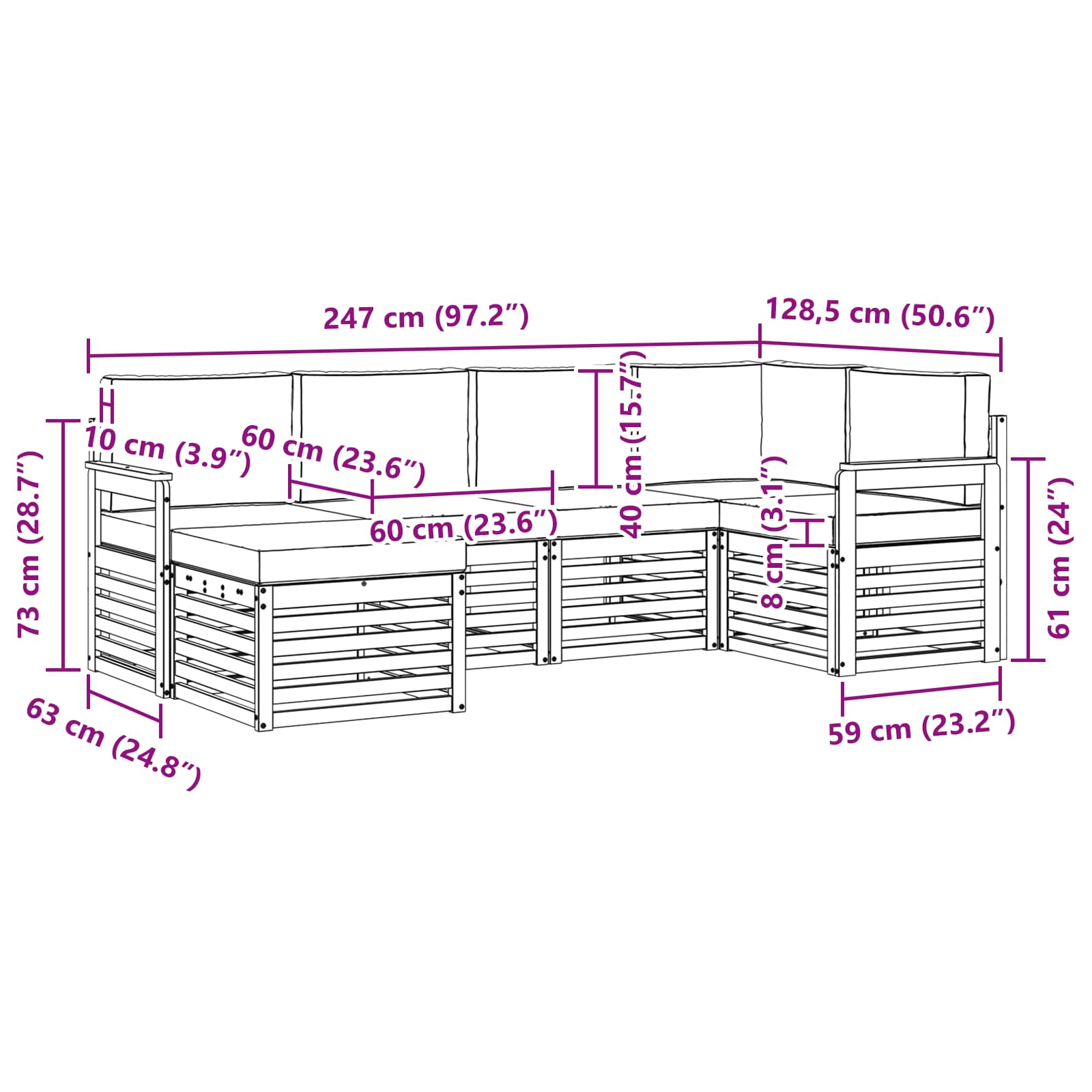 Buiten bankenset 6 pcs Wit en Lichtgrijs 247 x 128,5 x 73 cm – afbeelding 7
