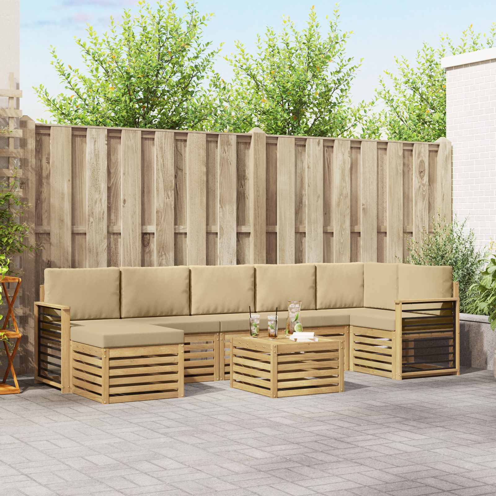 Buiten bankenset 8 pcs Wit en Beige 59 x 59 x 37 cm Polyester