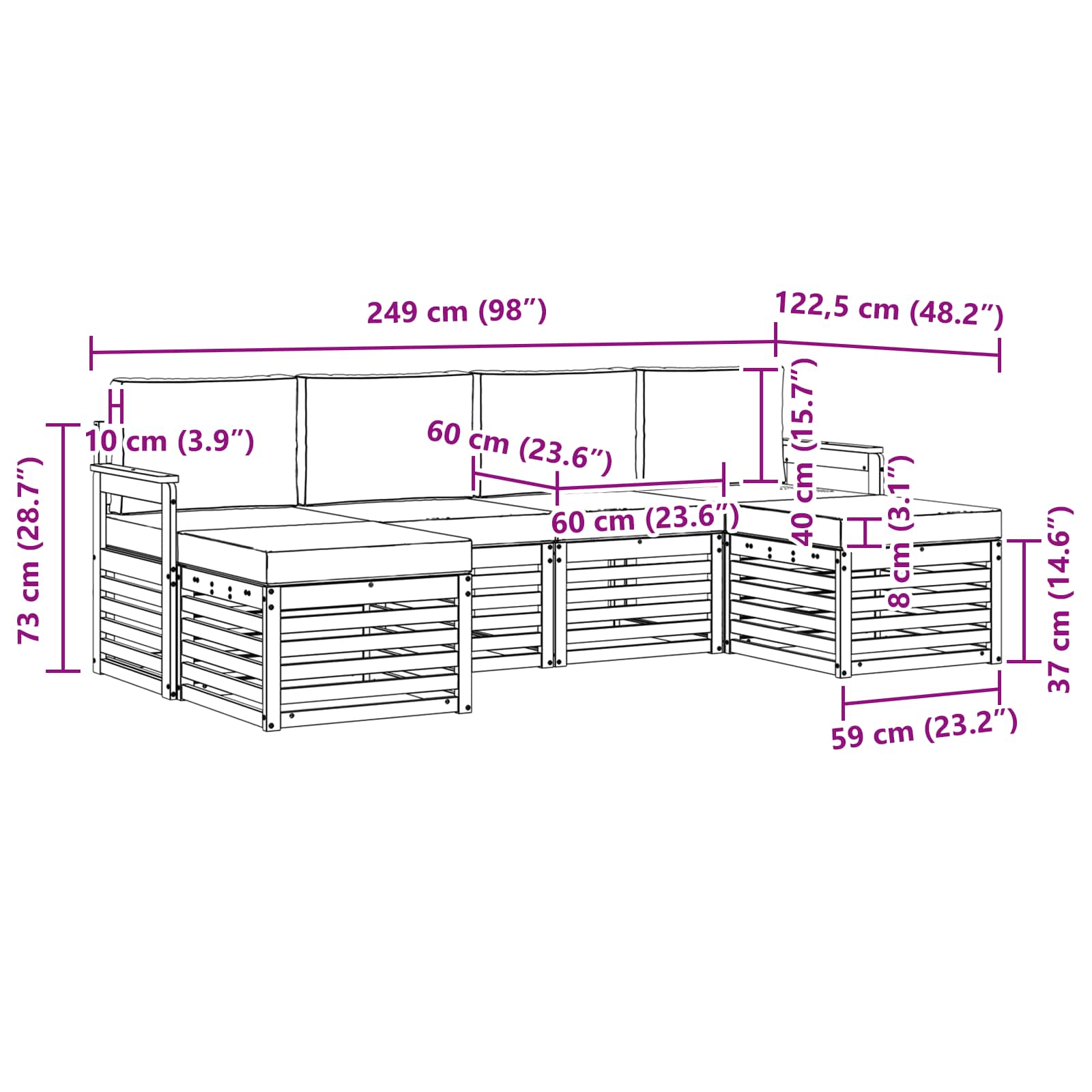Buiten bankenset 5 pcs Wit en Lichtgrijs 249 x 122,5 x 73 cm – afbeelding 6