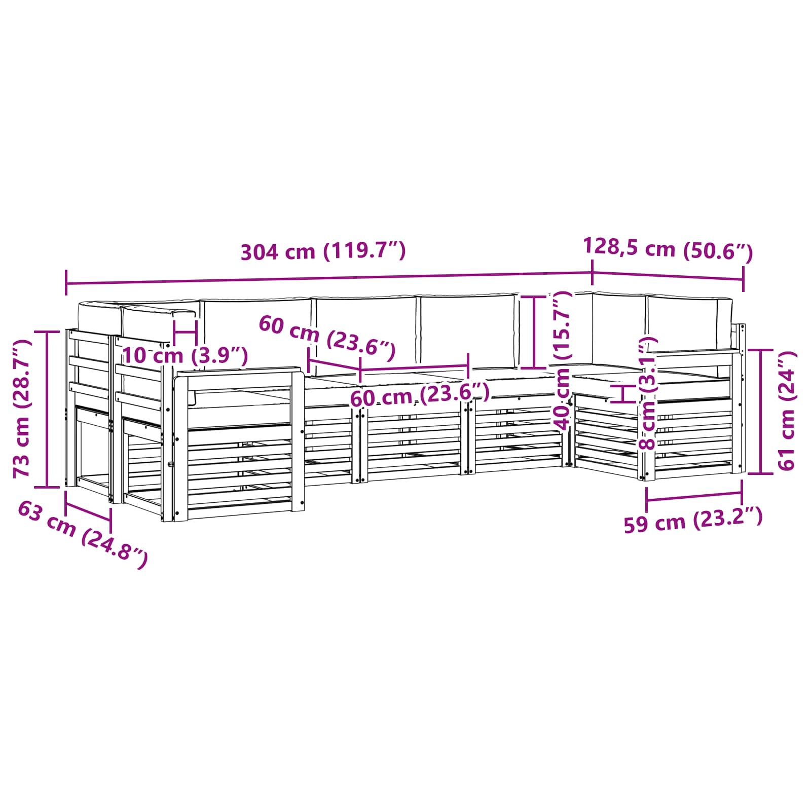 Buiten bankenset 6 pcs Wit en Lichtgrijs 304 x 128,5 x 73 cm – afbeelding 7