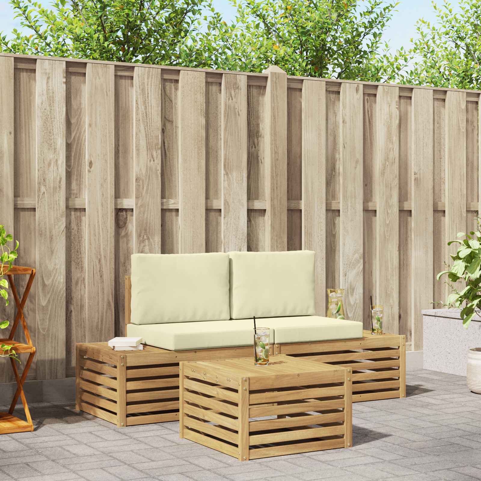Buiten bankenset met kussen Wit 59 x 59 x 37 cm Polyester – afbeelding 1