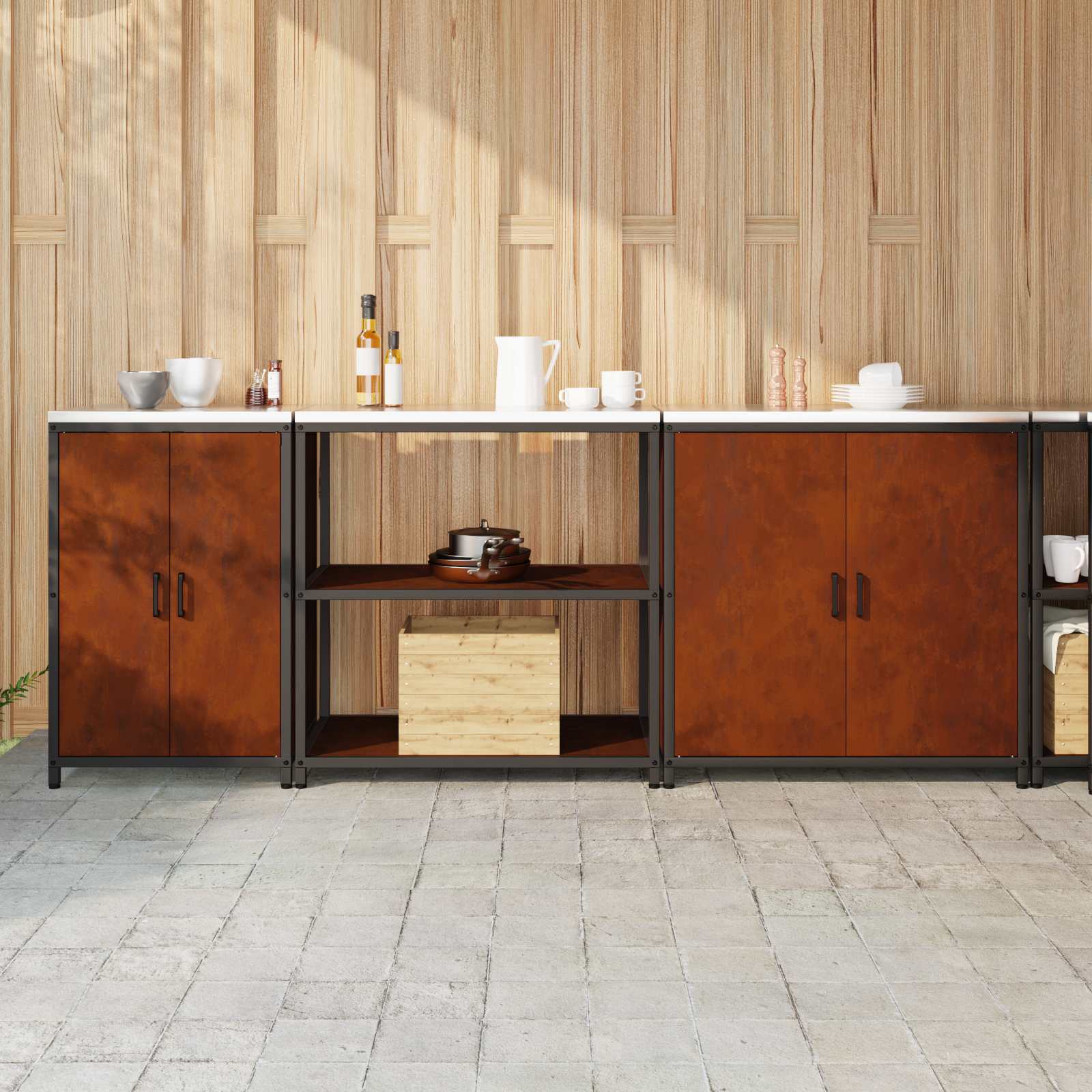 Keukenopslag set met plank met opslag 3 pcs Roestig Cortenstaal