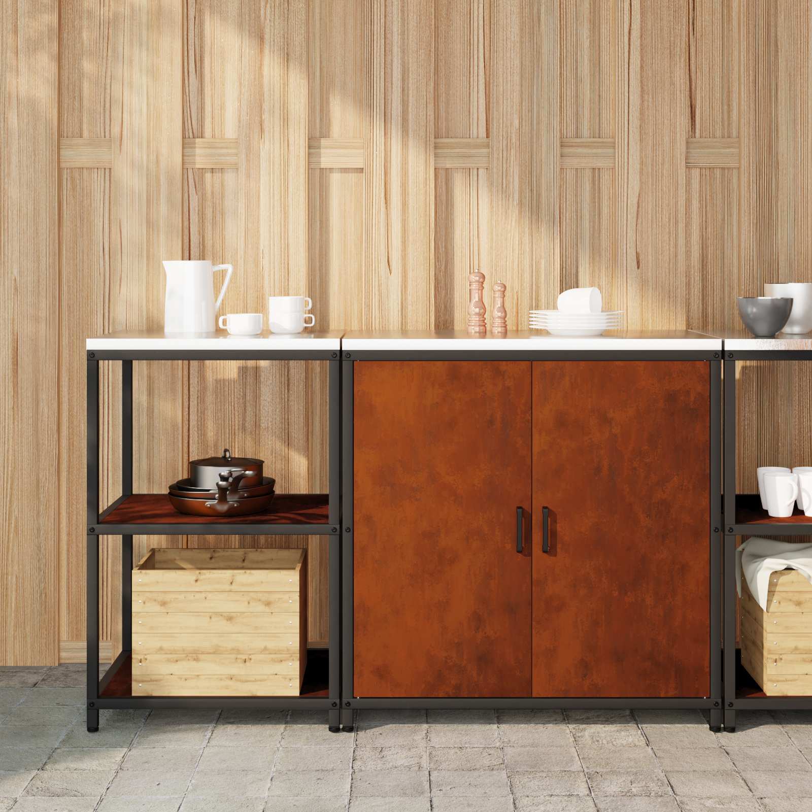 Keukenopslag set met plank met opslag 2 pcs Roestig Cortenstaal