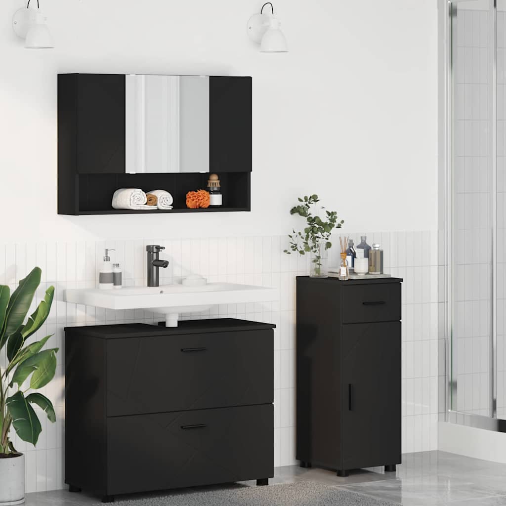 Badkamermeubelset met lade 3 pcs Zwart Geperst Hout en Metaal – afbeelding 1