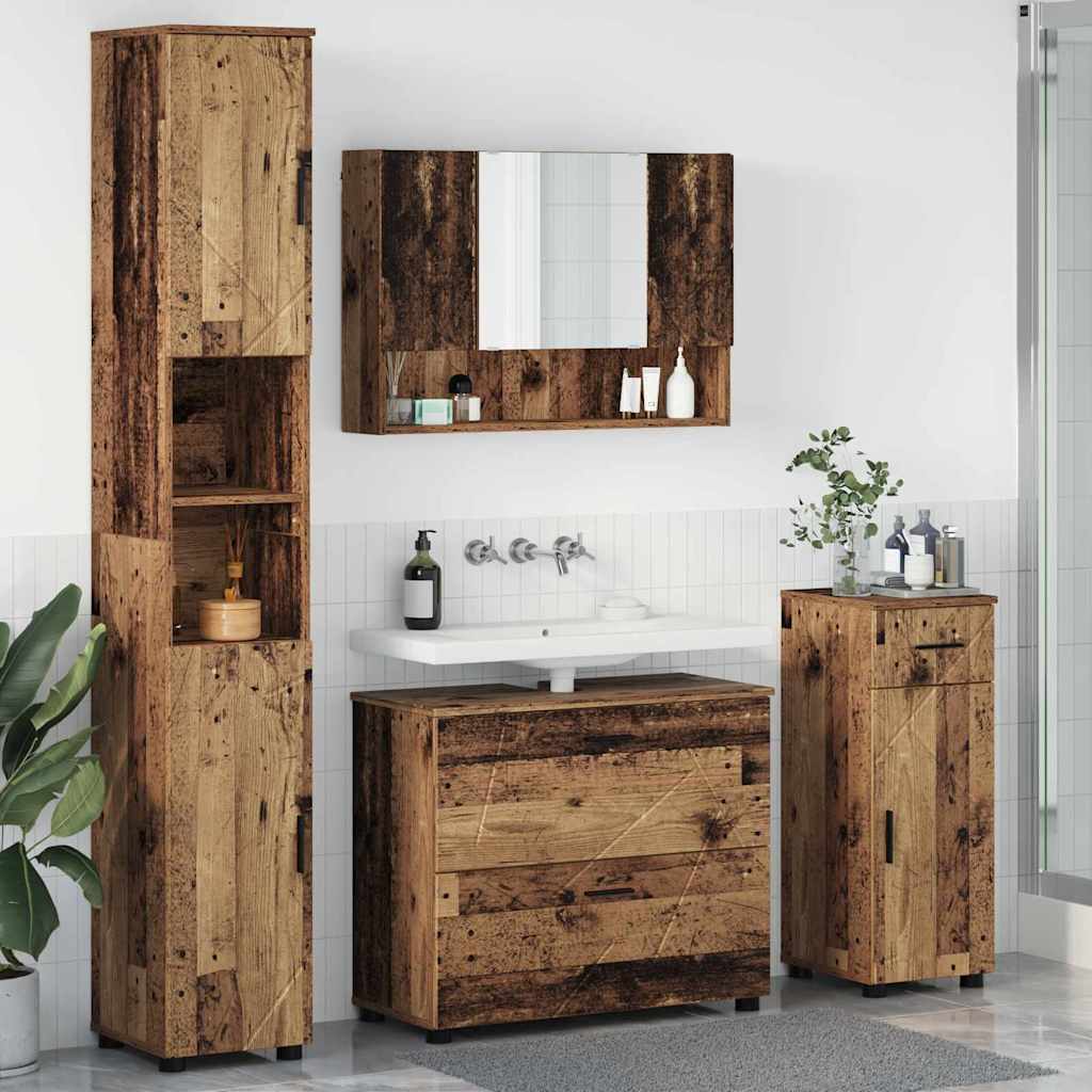 Badkamermeubelset 4 pcs Oud Hout Geperst Hout en Metaal