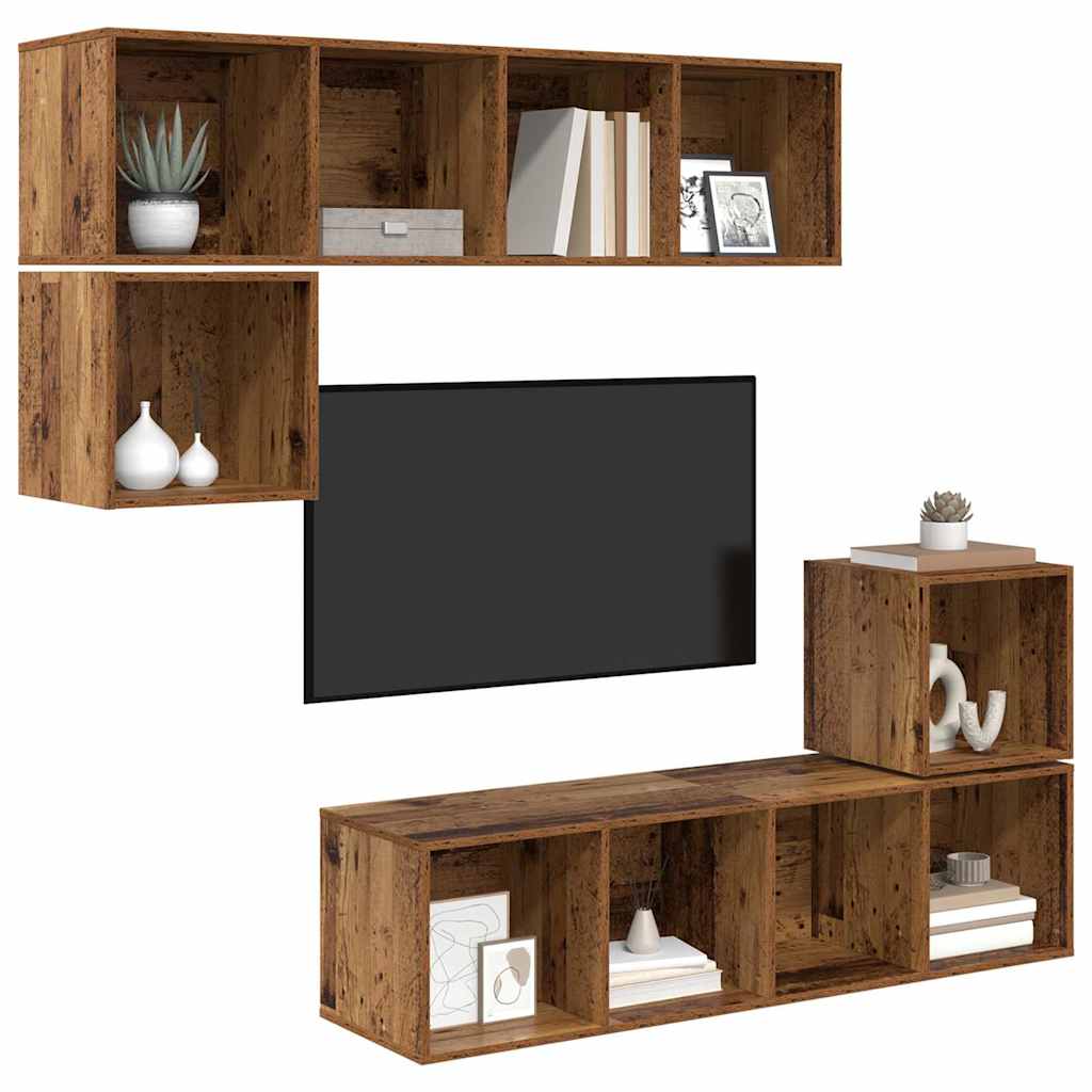 Tv-meubelset Wandgemonteerd 4 pcs Oud Hout Bewerkt hout – afbeelding 3