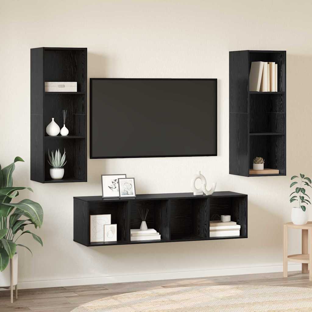 Tv-meubelset Wandgemonteerd 3 pcs Zwart Eiken Bewerkt hout