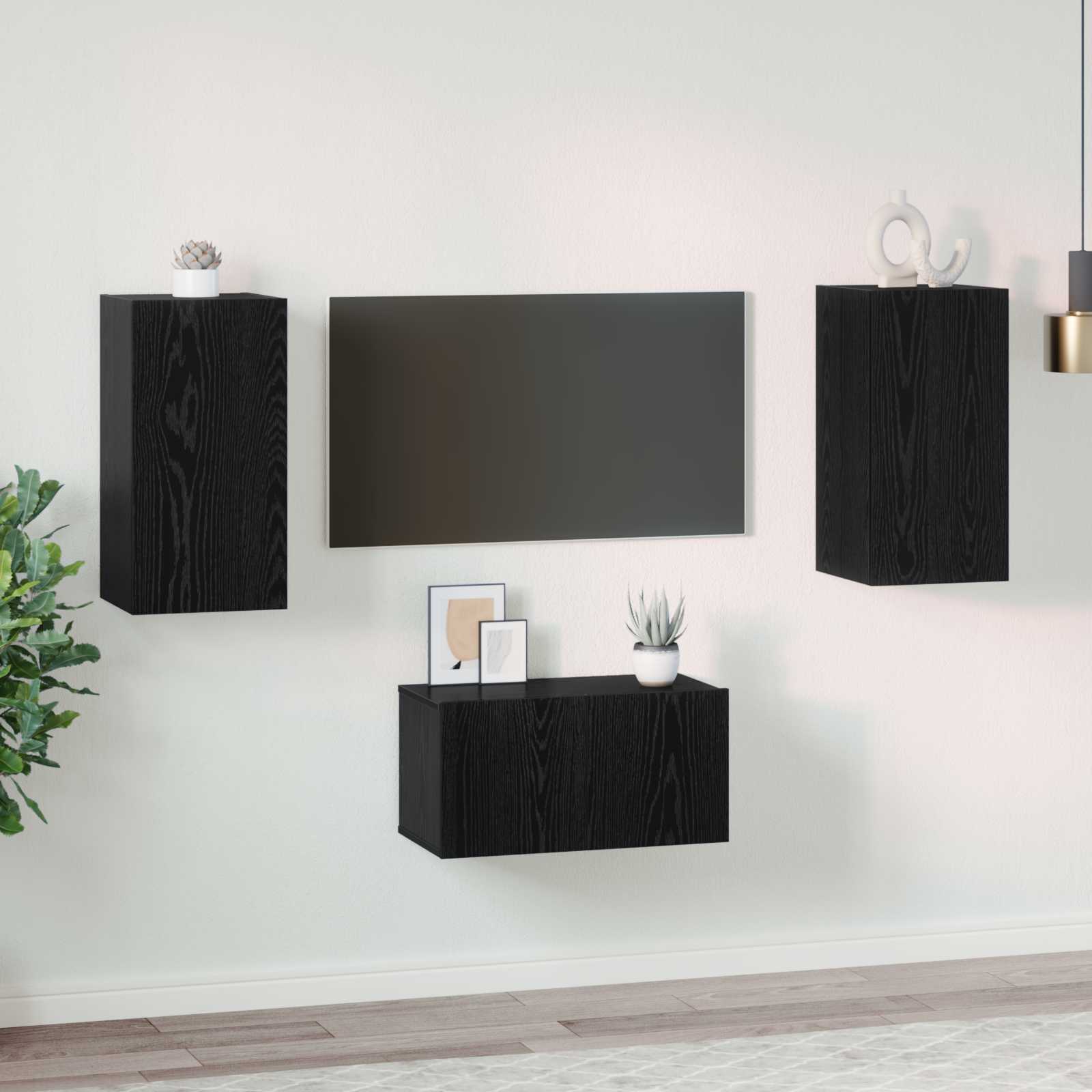 Tv-meubelset Wandgemonteerd 3 pcs Zwart Eiken Bewerkt hout – afbeelding 1