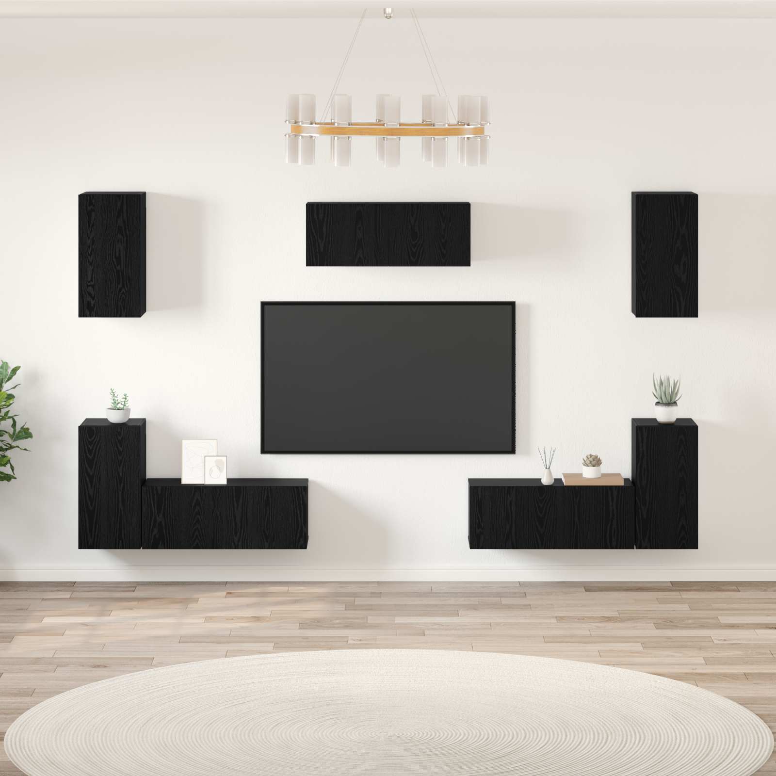 Tv-meubelset Wandgemonteerd 7 pcs Zwart Eiken Bewerkt hout – afbeelding 1