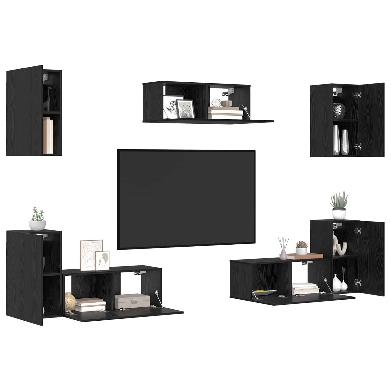Tv-meubelset Wandgemonteerd 7 pcs Zwart Eiken Bewerkt hout – afbeelding 3