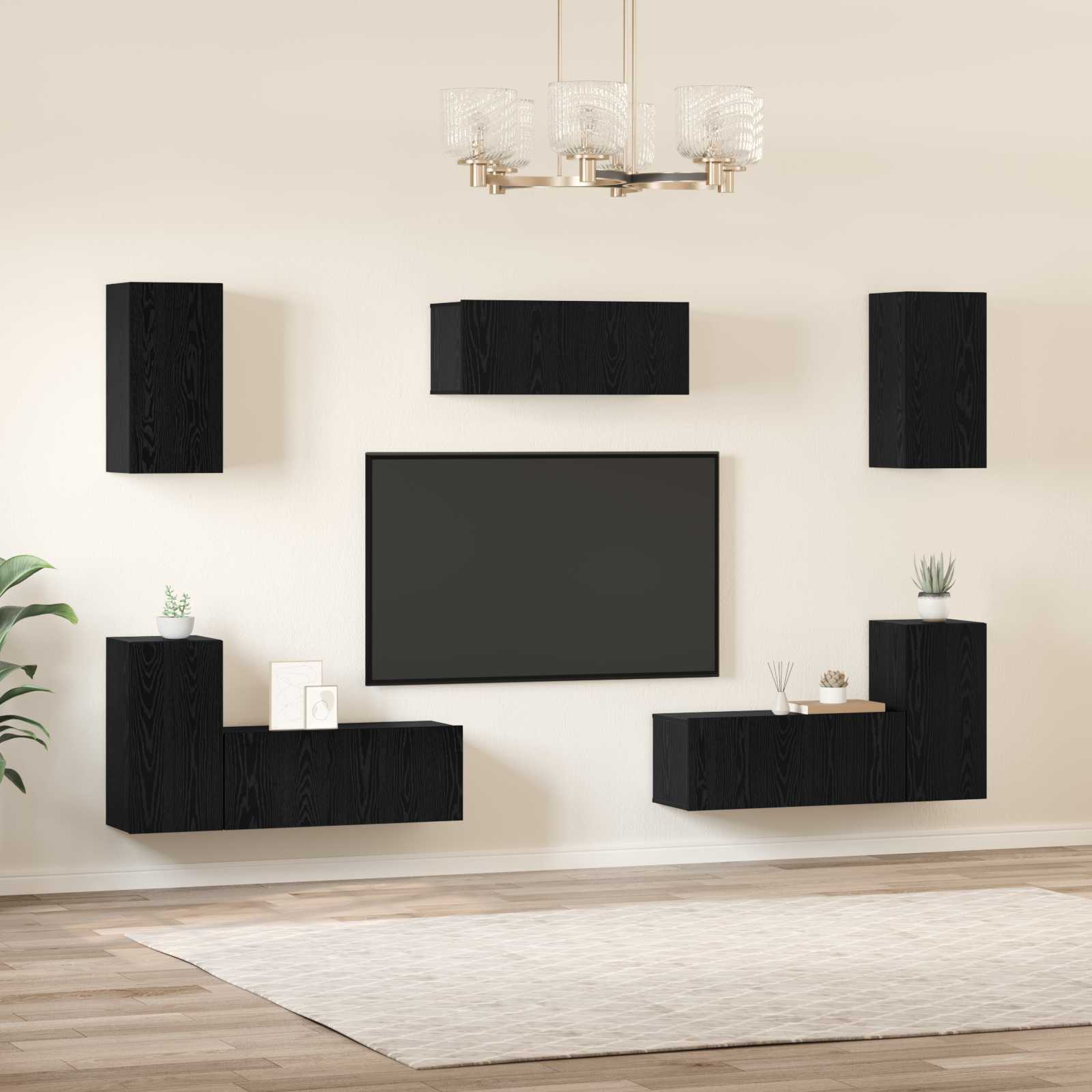 Tv-meubelset Wandgemonteerd 7 pcs Zwart Eiken Bewerkt hout – afbeelding 4