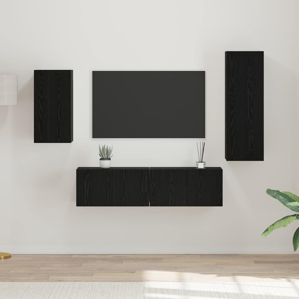 Tv-meubelset Wandgemonteerd 4 pcs Zwart Eiken Bewerkt hout
