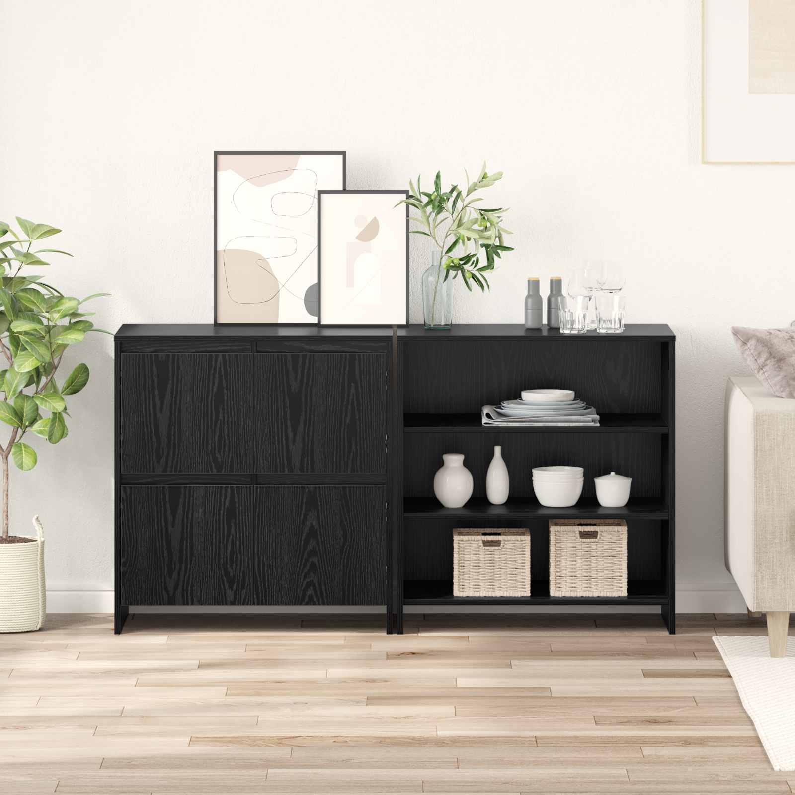 Dressoir 2 pcs Zwart Eiken 70 x 41 x 75 cm Bewerkt hout
