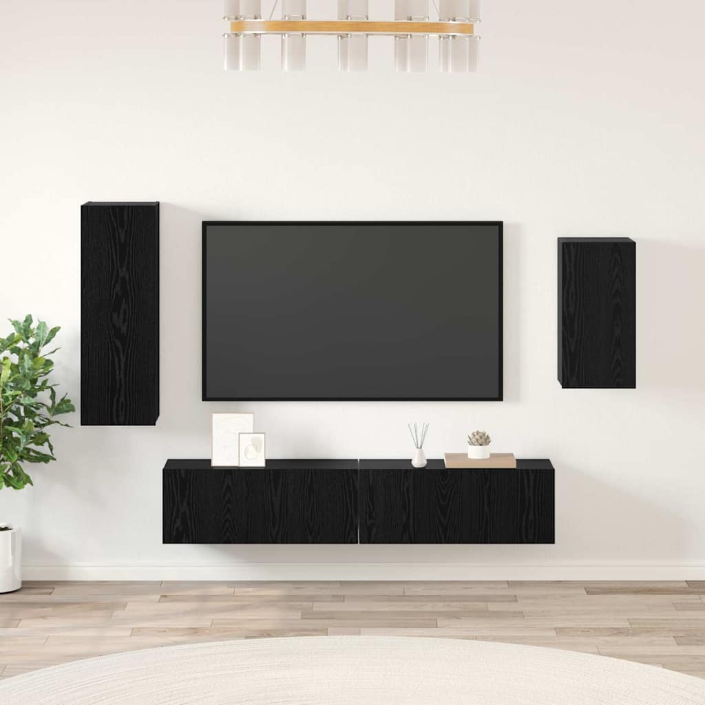 Tv-meubelset Wandgemonteerd 4 pcs Zwart Eiken Bewerkt hout
