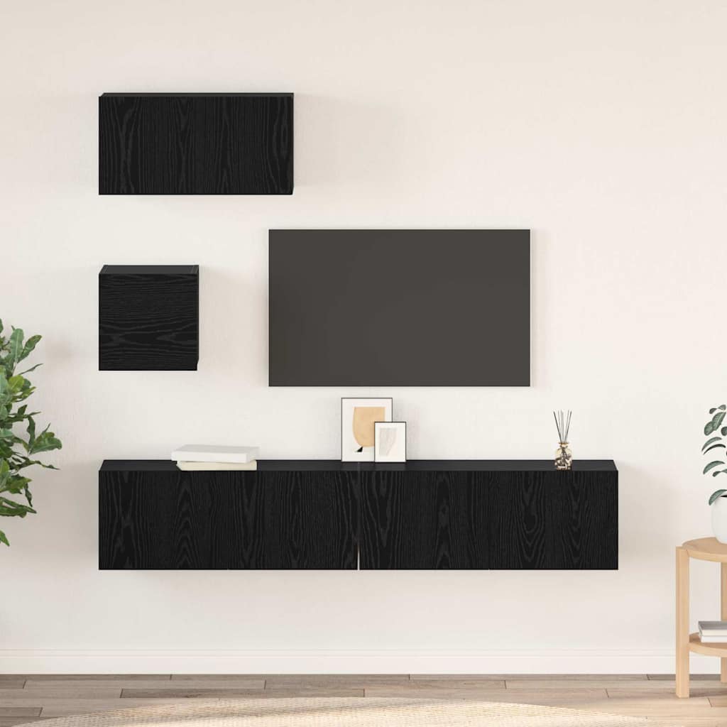 Tv-meubelset Wandgemonteerd 4 pcs Zwart Eiken Bewerkt hout – afbeelding 1