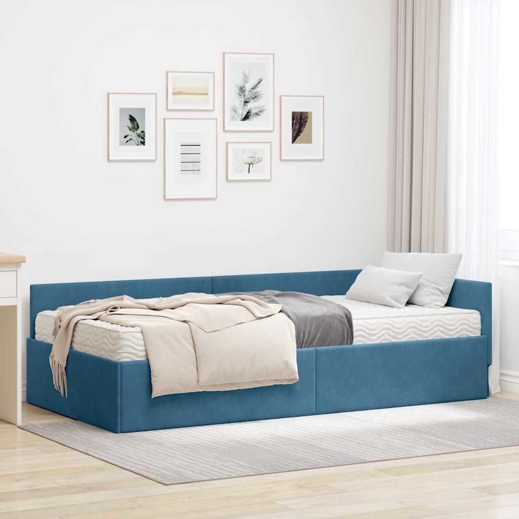 Hoekbedframe met Matras Anders 2 pcs Blauw Fluweel – afbeelding 1
