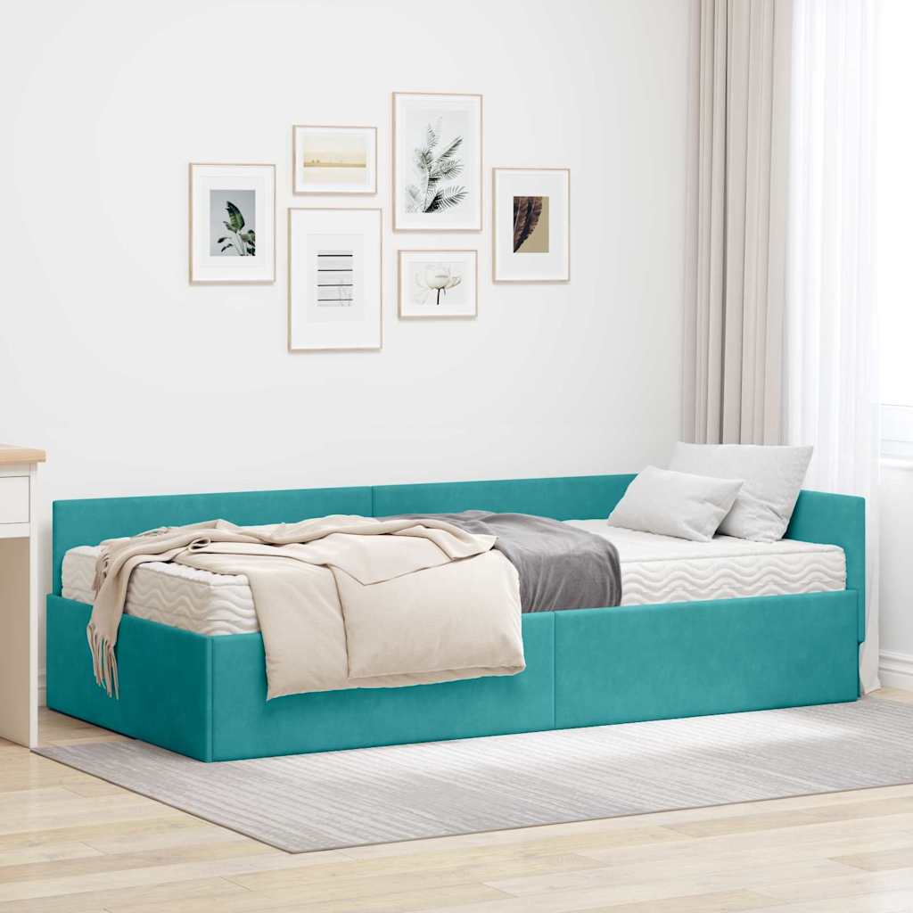 Hoekbedframe met Matras Anders 2 pcs Turquoise Fluweel – afbeelding 1