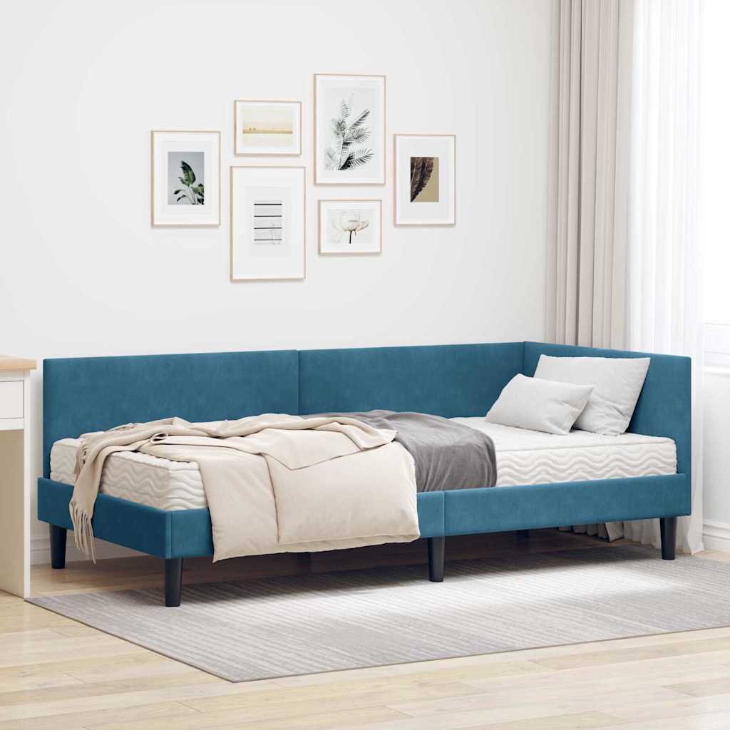 Hoekbedframe met Matras Anders 2 pcs Blauw Fluweel – afbeelding 1