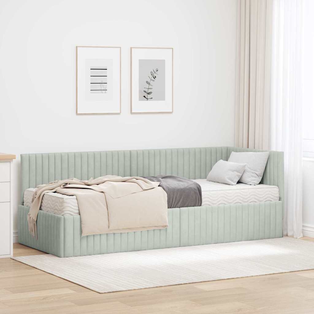 Hoekbedframe met Matras met hoofdeinde 2 pcs Lichtgrijs Fluweel – afbeelding 1