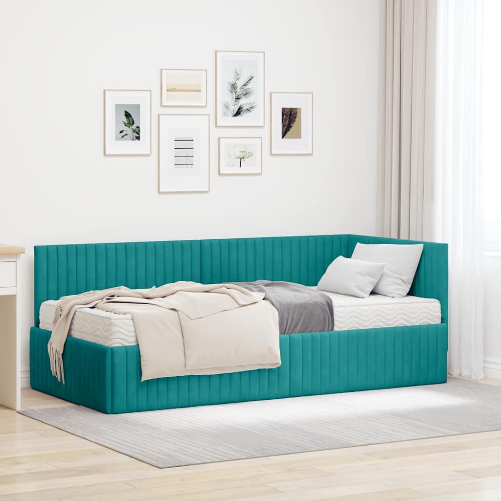 Hoekbedframe met Matras met hoofdeinde 2 pcs Turquoise Fluweel – afbeelding 1