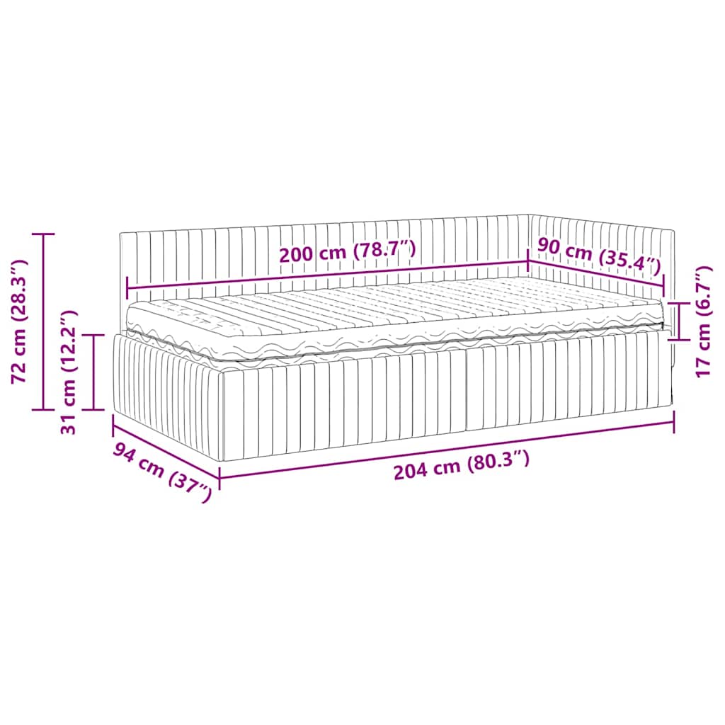 Hoekbedframe met Matras met hoofdeinde 2 pcs Crème Fluweel – afbeelding 12