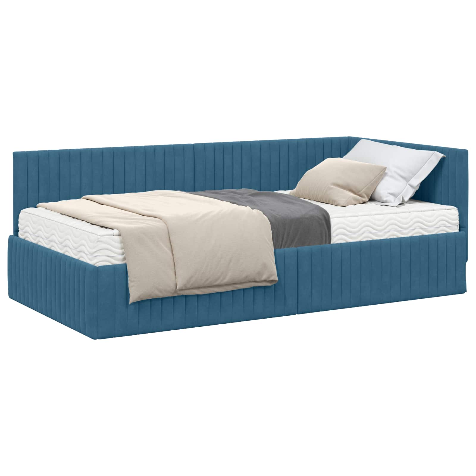 Hoekbedframe met Matras met hoofdeinde 2 pcs Blauw Fluweel – afbeelding 2