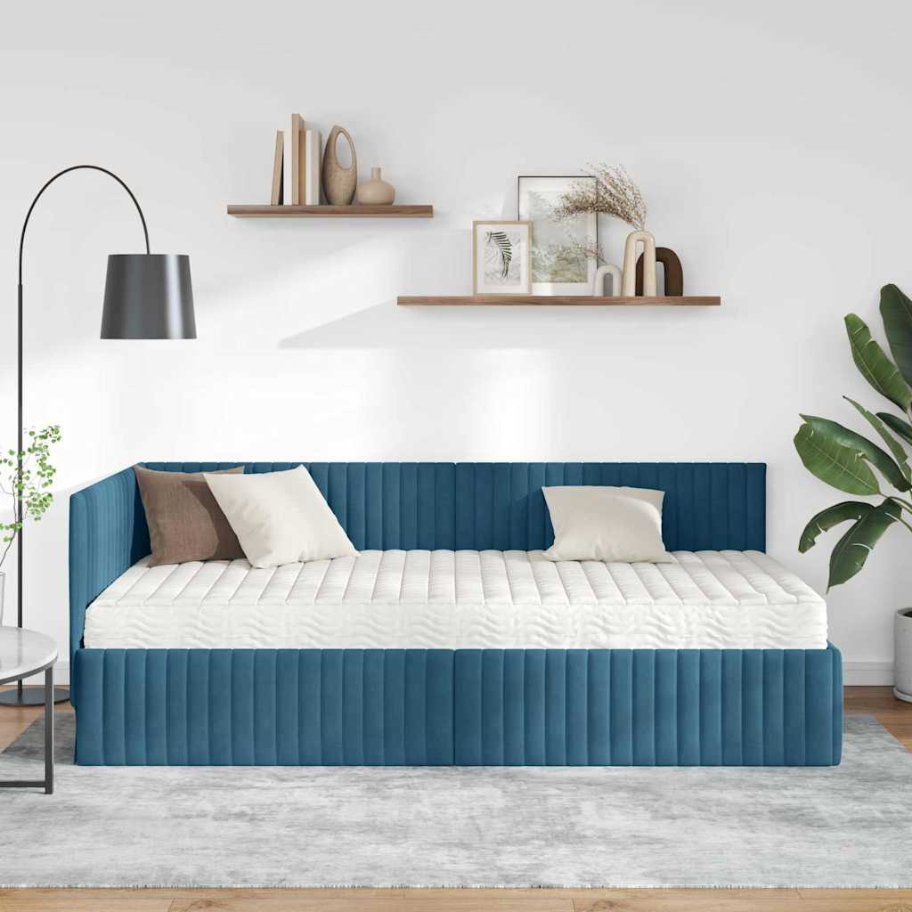 Hoekbedframe met Matras met hoofdeinde 2 pcs Blauw Fluweel – afbeelding 3