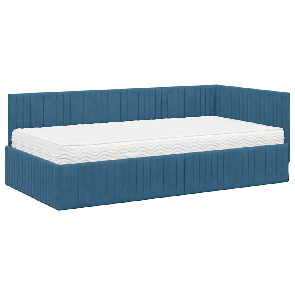 Hoekbedframe met Matras met hoofdeinde 2 pcs Blauw Fluweel – afbeelding 4