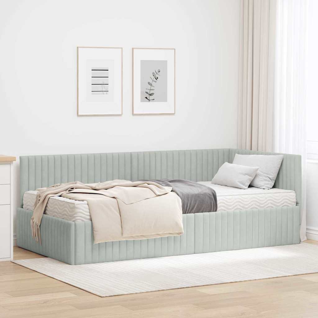 Hoekbedframe met Matras met hoofdeinde 2 pcs Lichtgrijs Fluweel – afbeelding 1