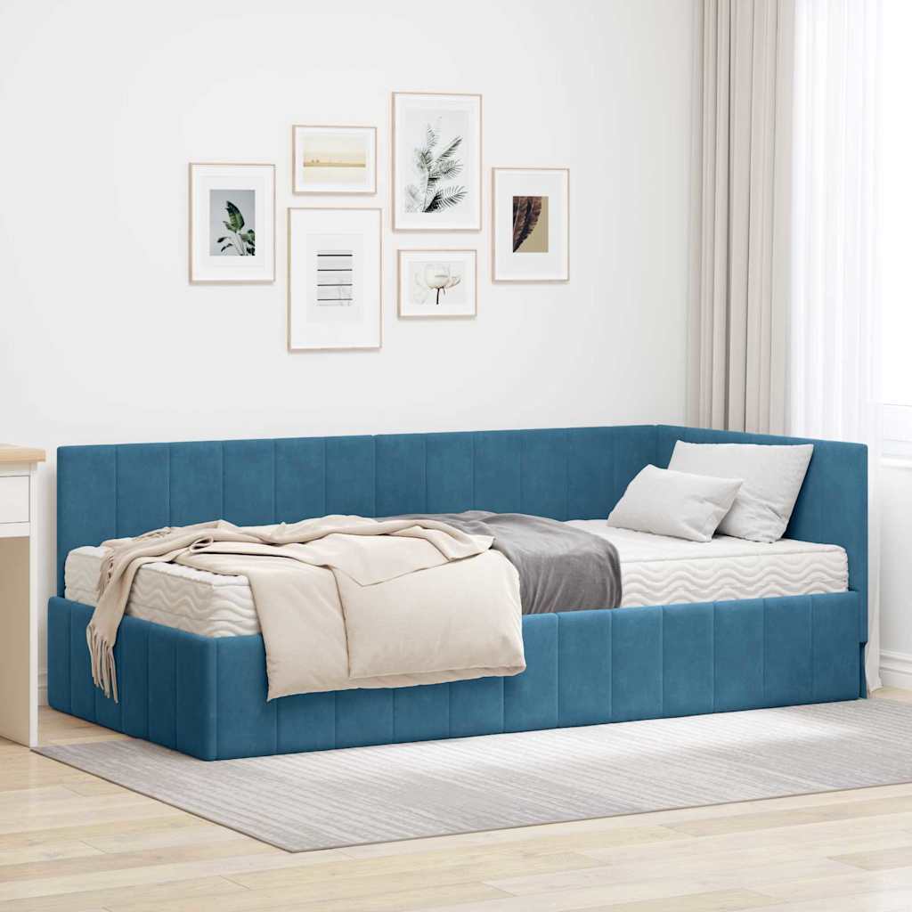 Hoekbedframe met Matras met hoofdeinde 2 pcs Blauw Fluweel – afbeelding 1