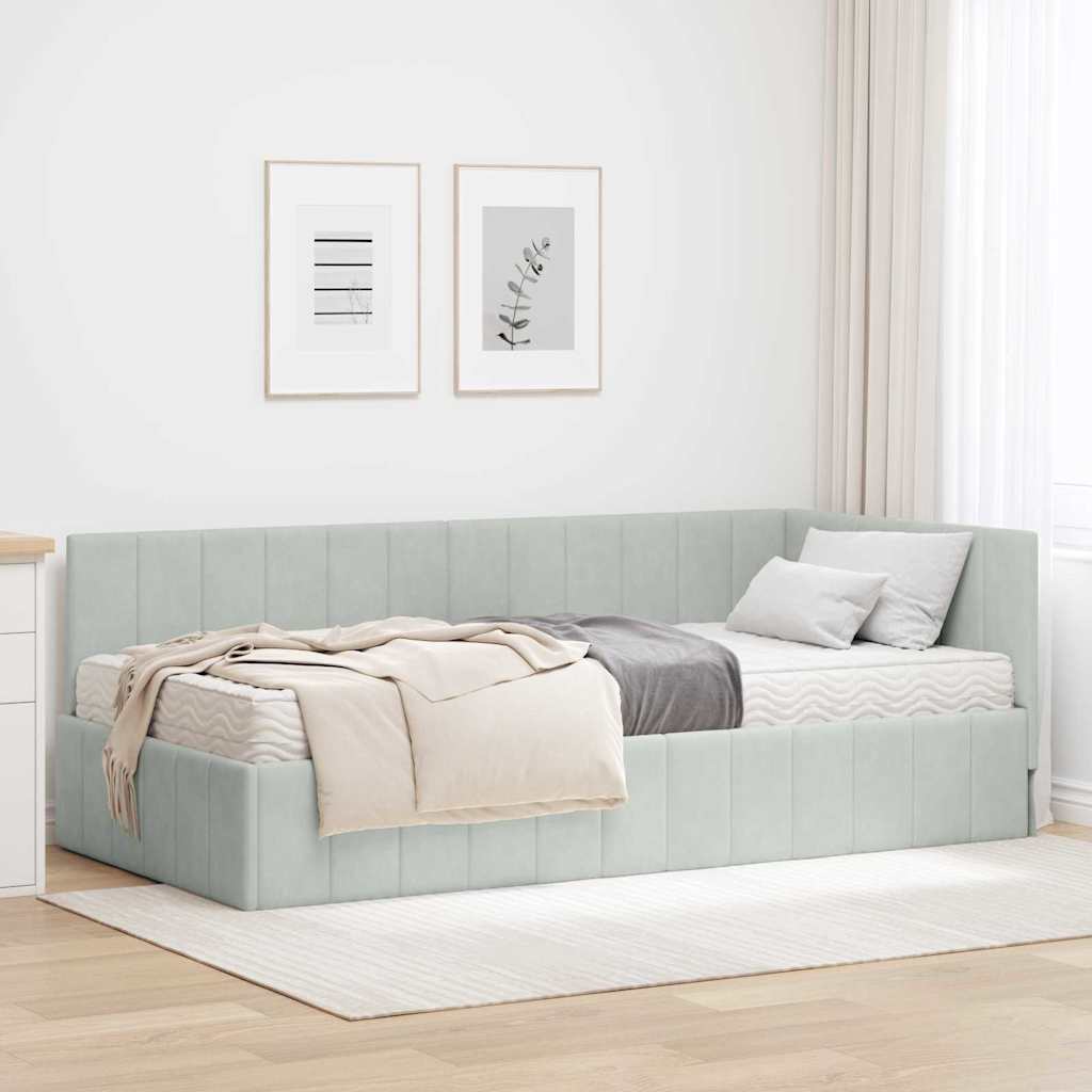 Hoekbedframe met Matras met hoofdeinde 2 pcs Lichtgrijs Fluweel – afbeelding 1